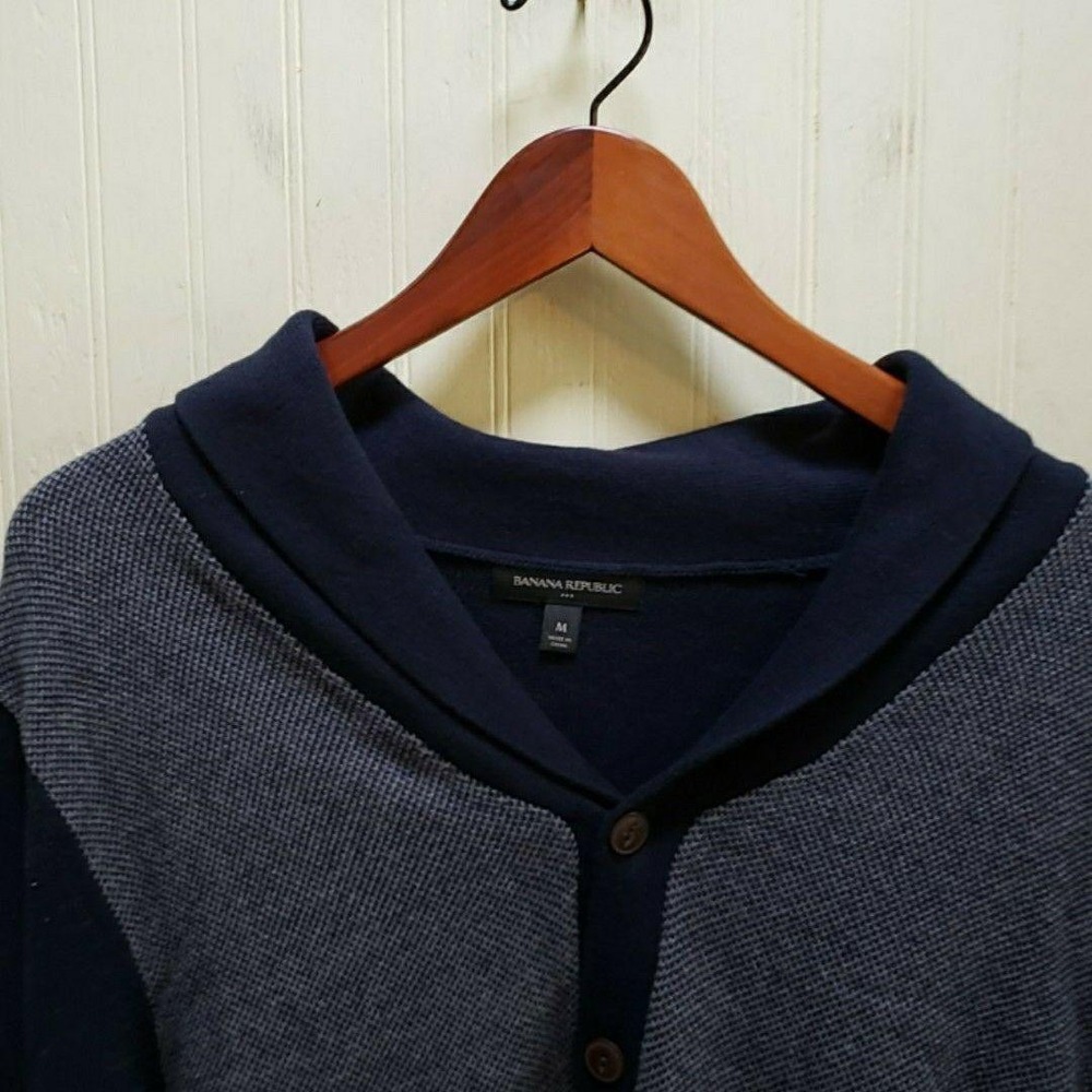 Banana Republic Cardigan Sweater Mens Medium Blue Shawl Collar Button Front Knit
